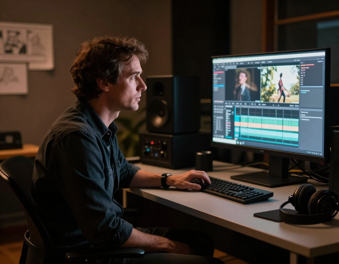 Director revisando material audiovisual en estudio