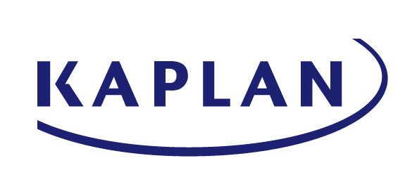 Kaplan logo in navy blue with a curved line beneath the wordmark