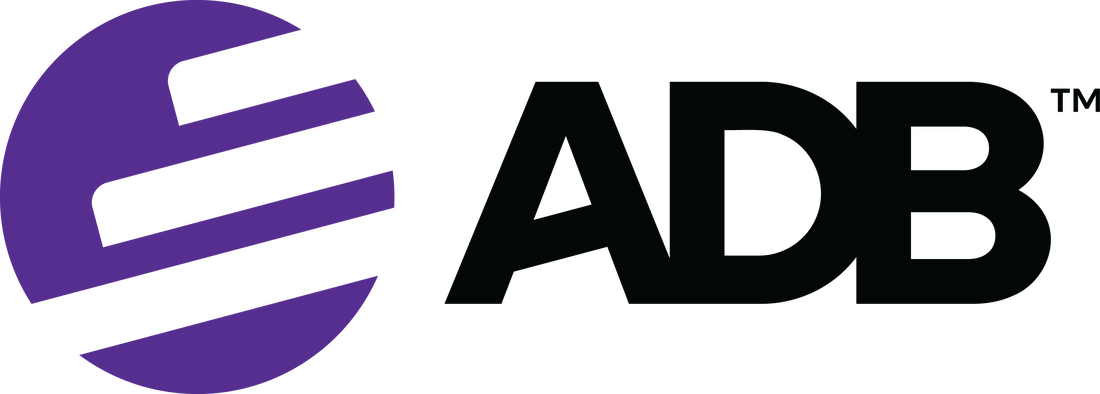 ADB logo in purple and black with a stylized circular icon and bold text