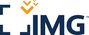 IMG logo with blue letters and orange chevrons on a white background