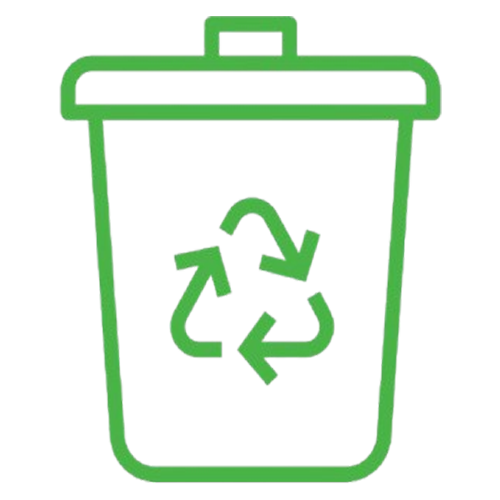 A green trash can with a recycling symbol on it.