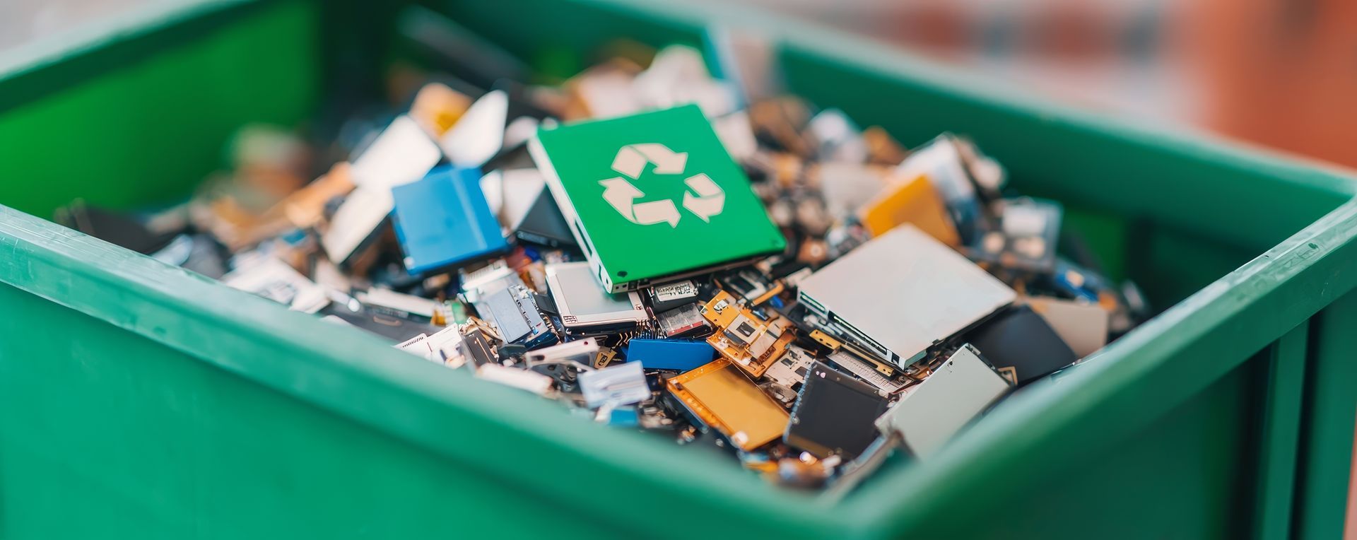 recycle icon in a trash bin full of electronic waste for California e-waste recycling concept