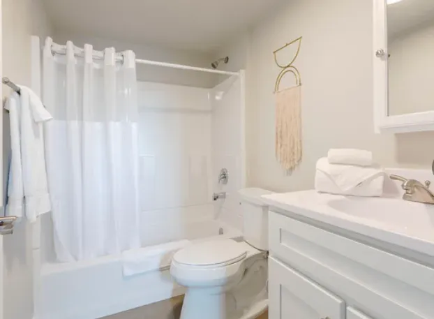 A bathroom with a toilet , sink , bathtub and shower curtain.