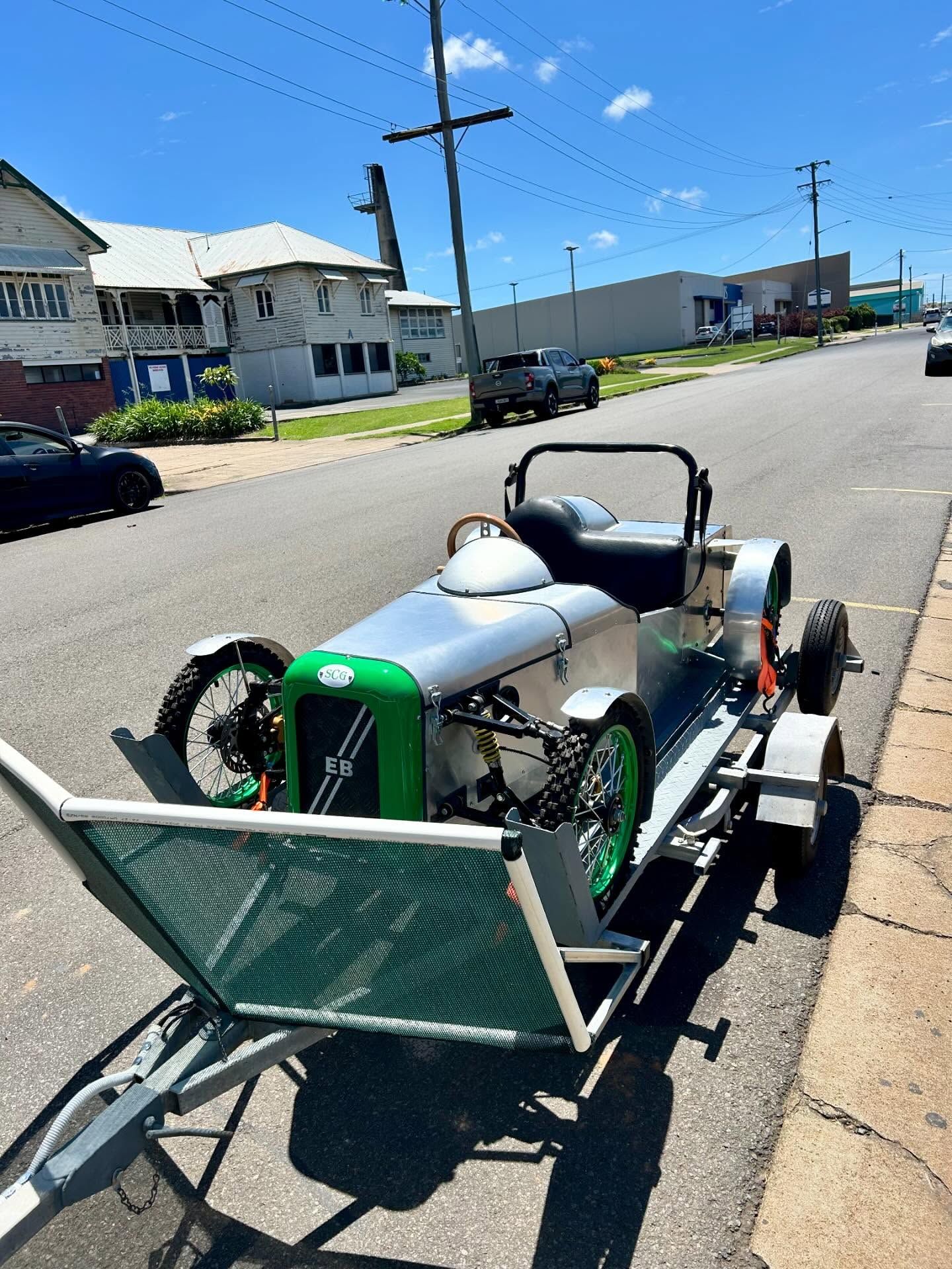 Vintage Silver Car With Green Accents on a Trailer — Bundaberg Radiator and Mechanical Service in Bundaberg East, QLD
