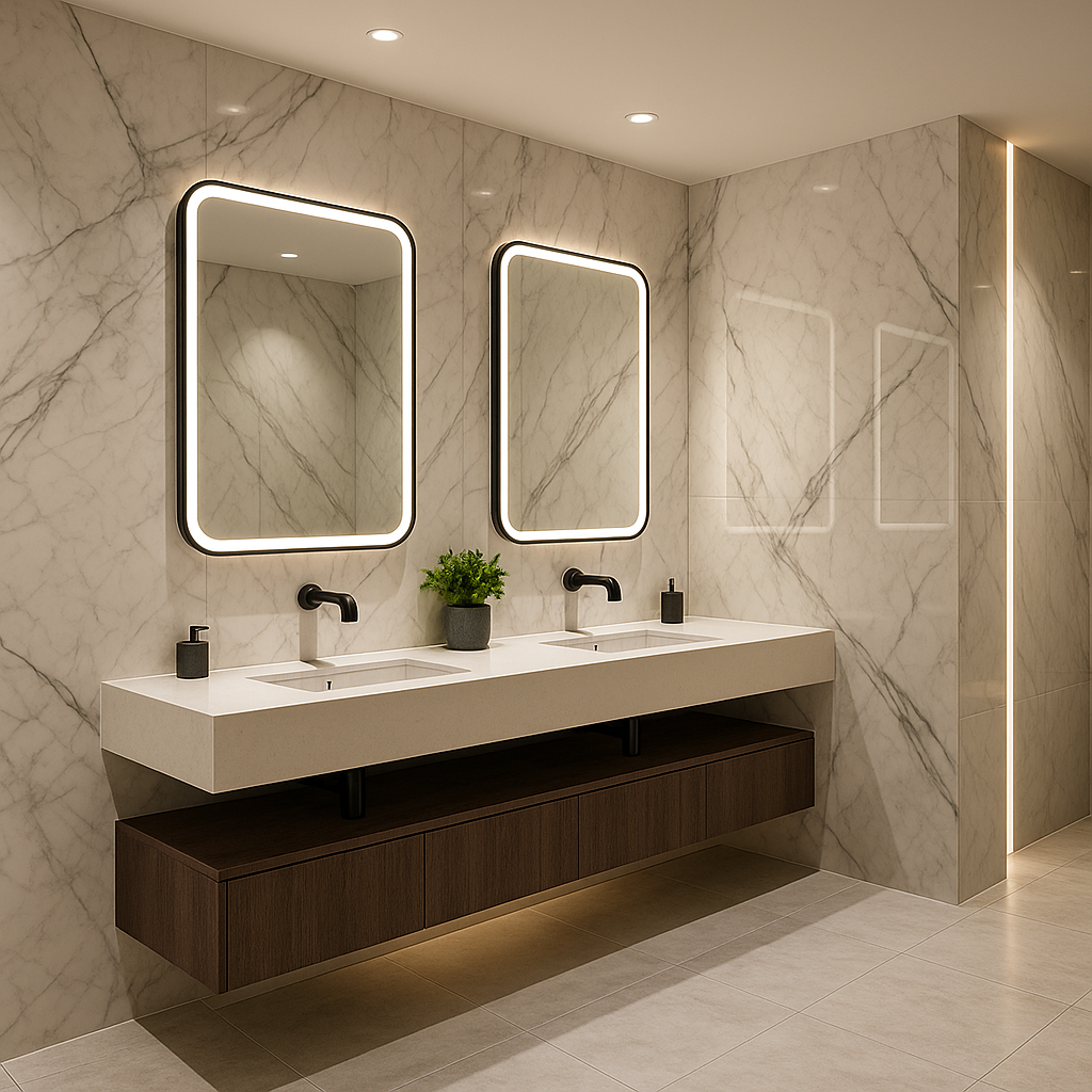 Modern bathroom vanity with backlit mirrors, marble walls, and a white floating sink counter