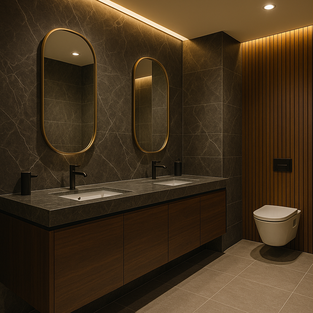 Modern dark-toned restroom with double sinks, oval mirrors, wood vanity, and a wall-mounted toilet.