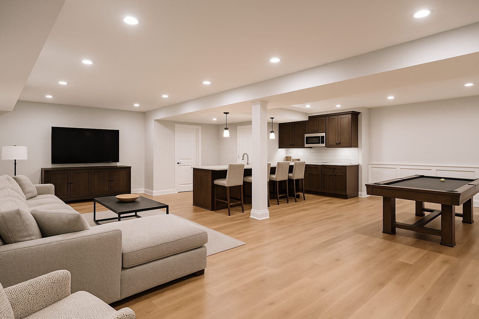 Spacious modern living room with sectional sofa, TV, bar stools, and a pool table on hardwood floors