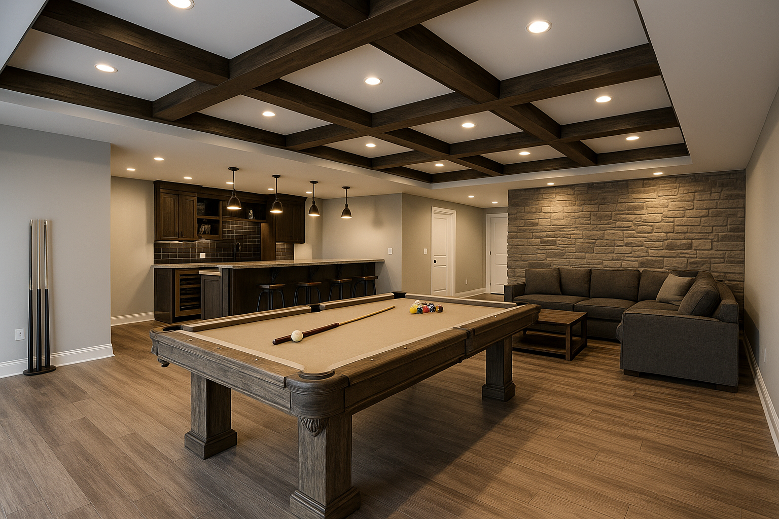 Spacious game room with a pool table, sectional sofa, stone accent wall, and coffered ceiling lights.