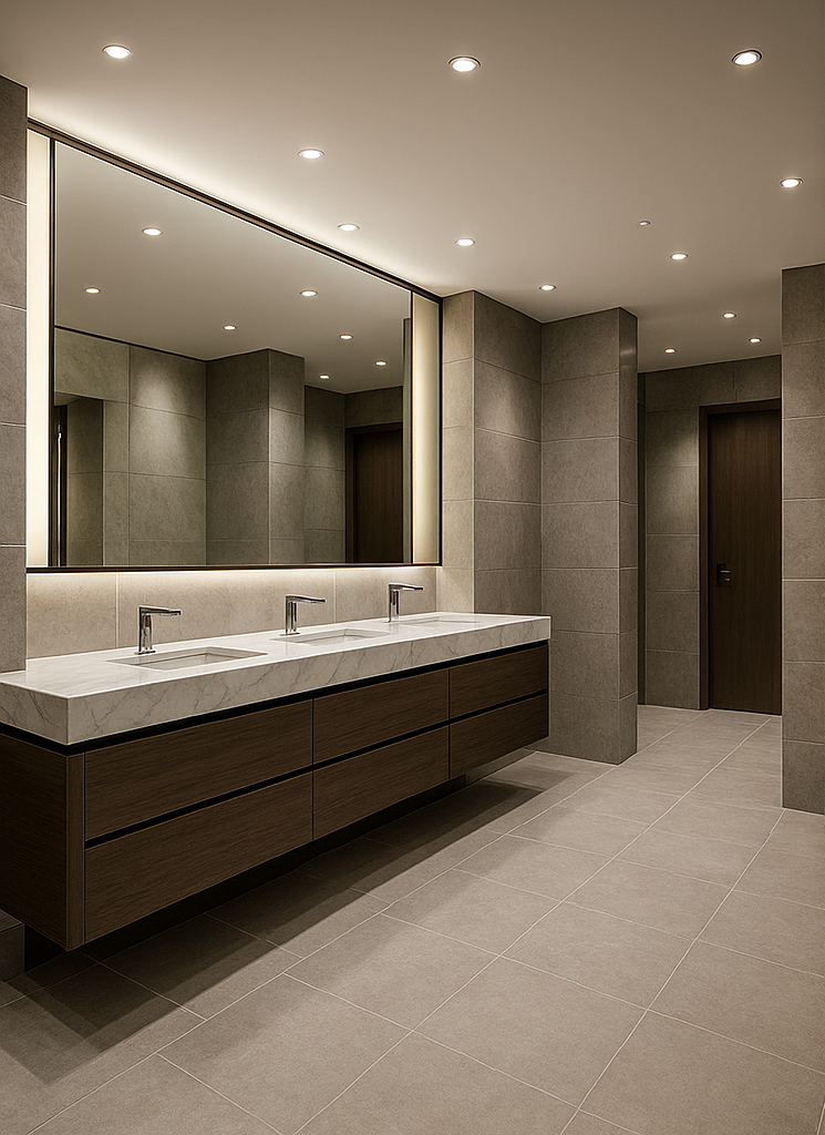 Modern public restroom with double sinks, mirrors, and neutral-toned tiled walls