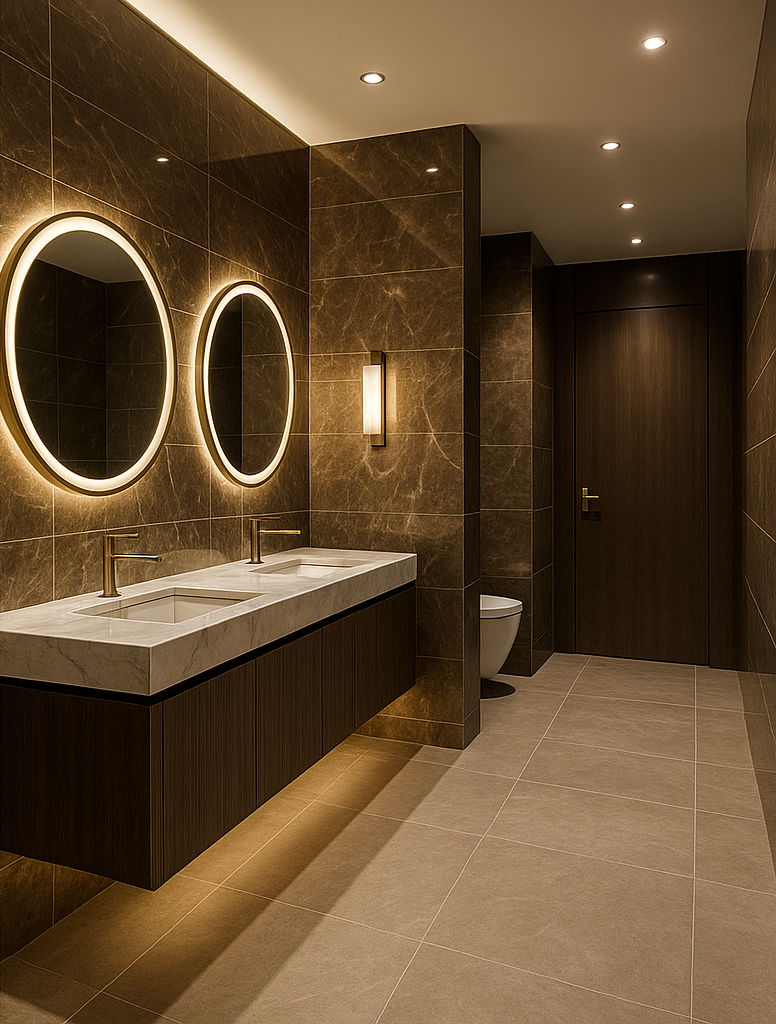 Modern bathroom with a double vanity, backlit circular mirrors, stone tile walls, and a recessed door to a toilet stall.