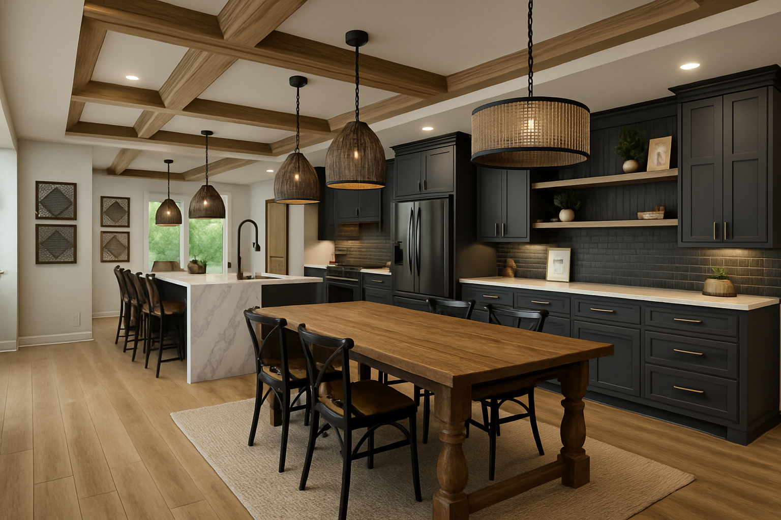 Modern kitchen with dark cabinets, wood island, pendant lights, and a dining table on light wood floors