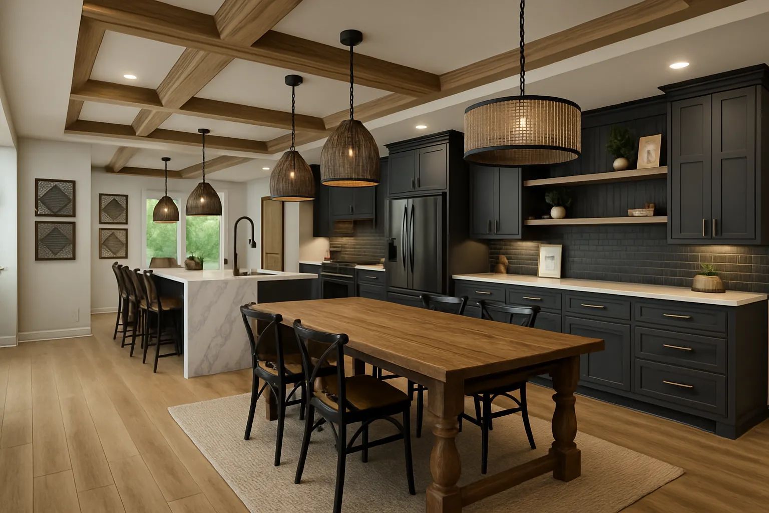 Warm modern kitchen with dark cabinets, wood island, pendant lights, and black bar stools