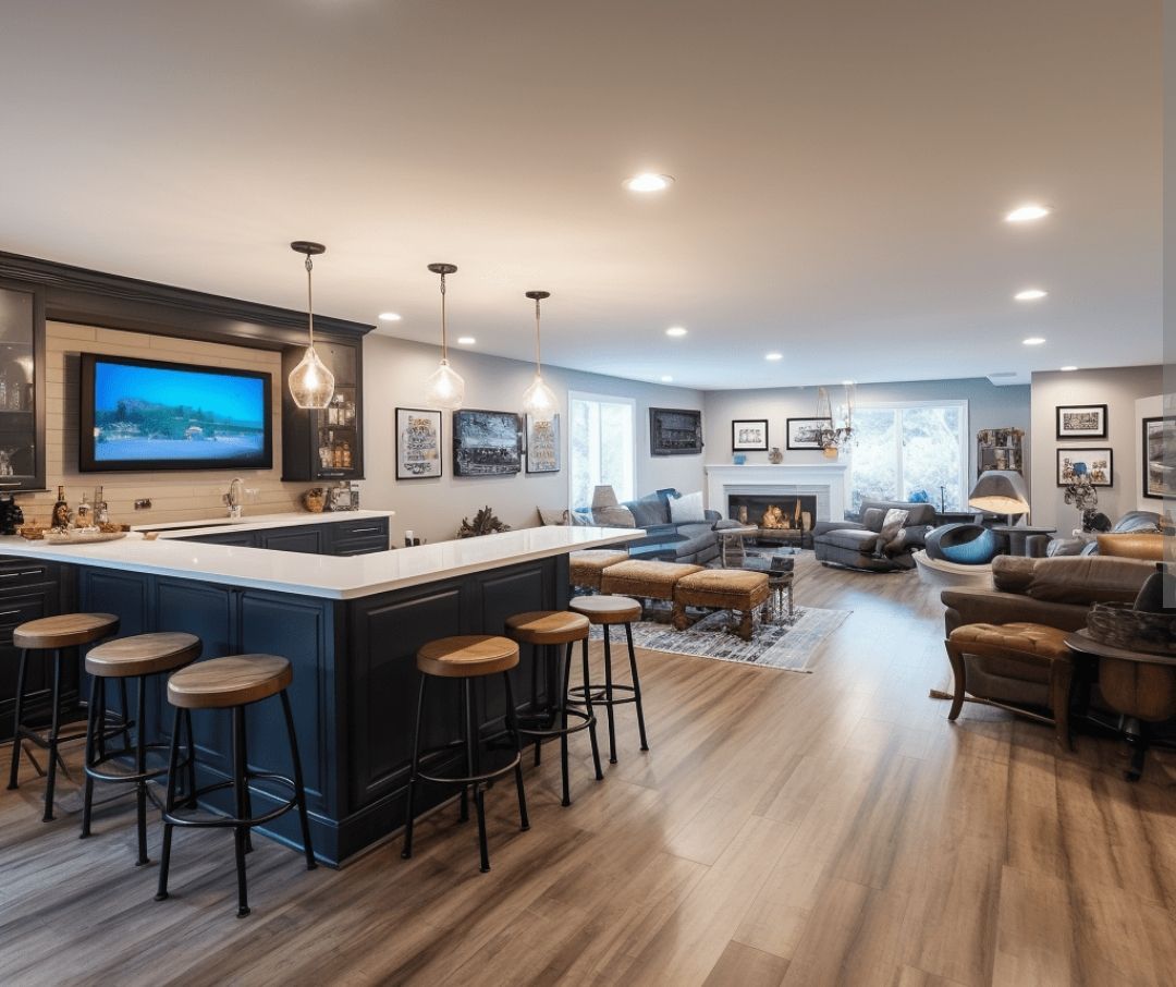 Modern open-plan lounge with bar stools, wall-mounted TV, and seating area on wood floors