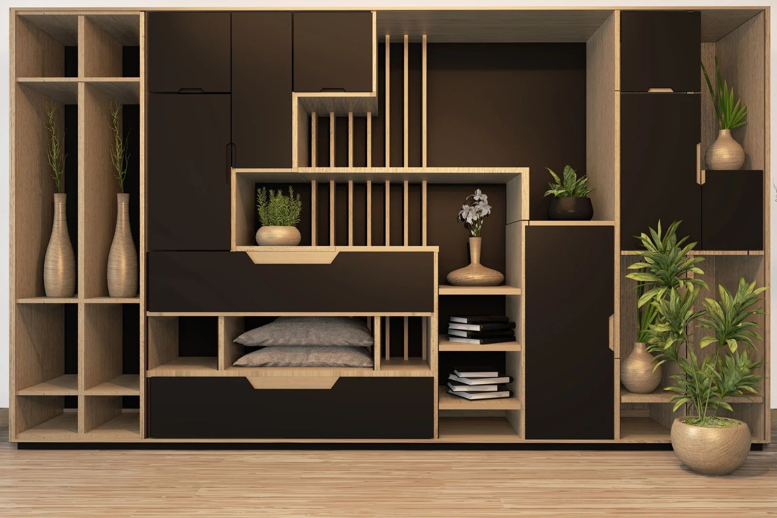Modern wooden modular shelving unit with plants, vases, and folded towels in a minimalist room