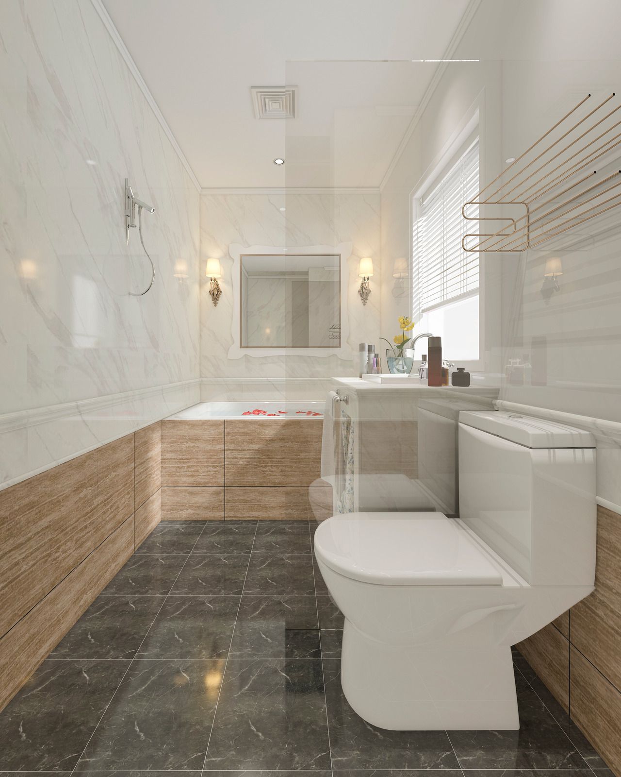 Modern white bathroom with a toilet, sink, bathtub, and tiled walls and floor.