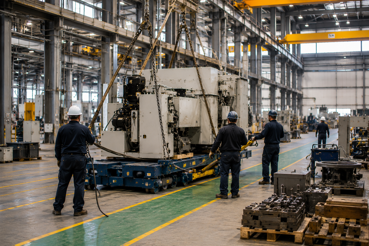 Factory workers guide a large industrial machine through a warehouse aisle inside a manufacturing plant.