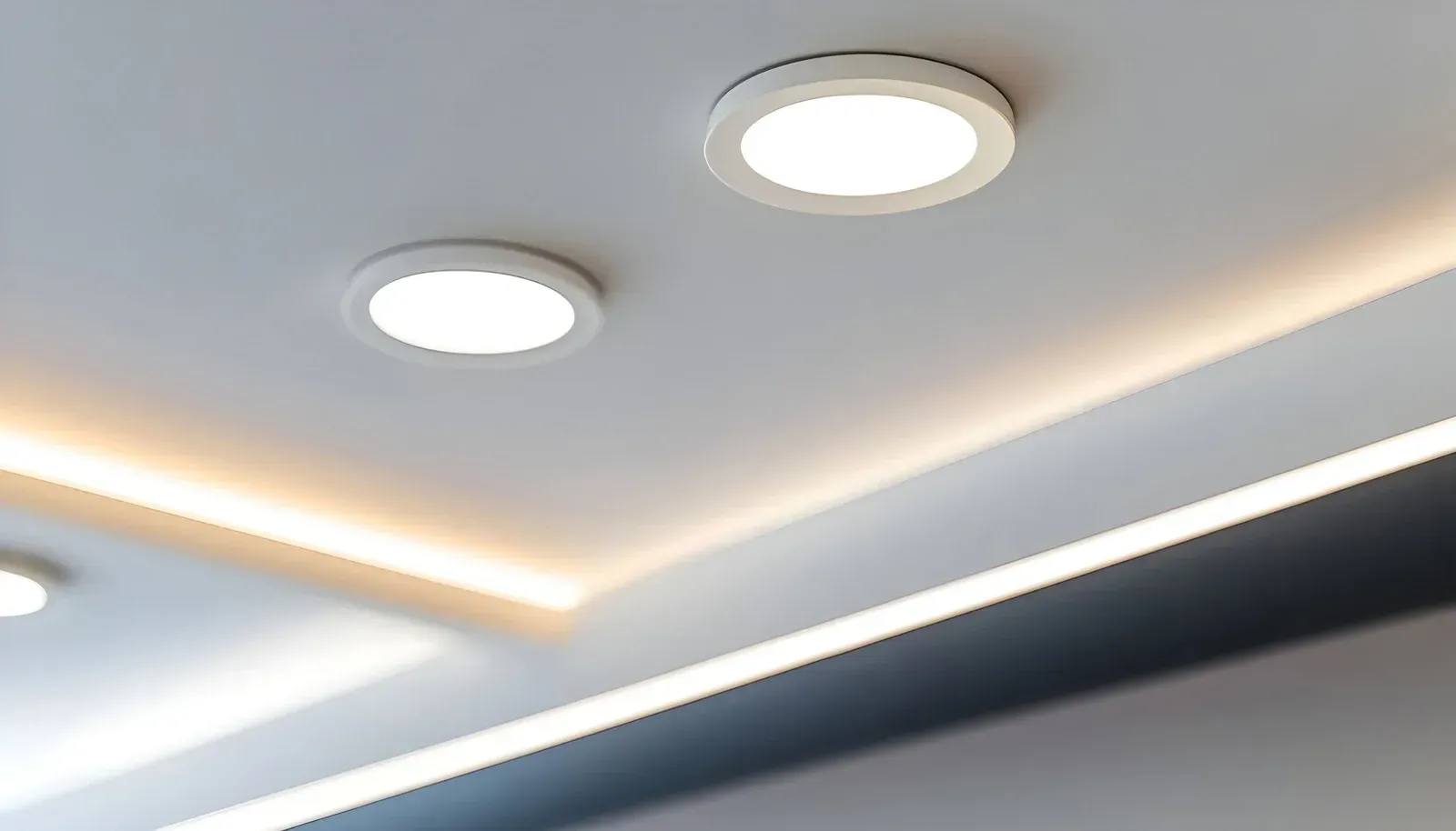 White recessed ceiling lights and recessed lighting along the edge of a ceiling.