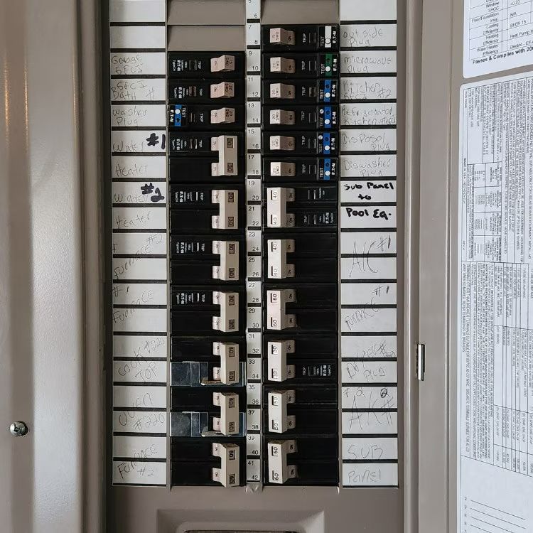 Circuit breaker panel with rows of labeled switches in a utility room