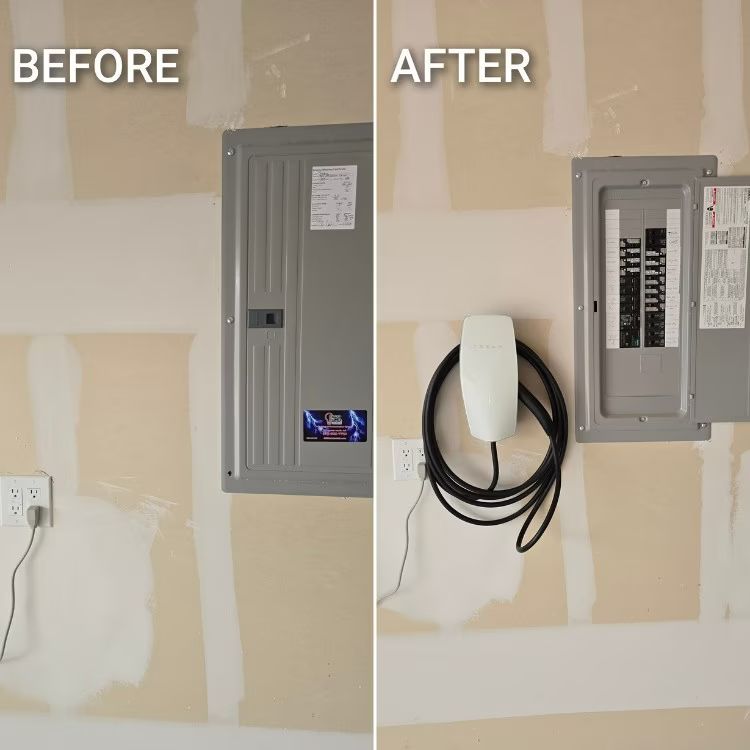 Before-and-after of an electrical panel upgrade in a wall with unfinished drywall patches.