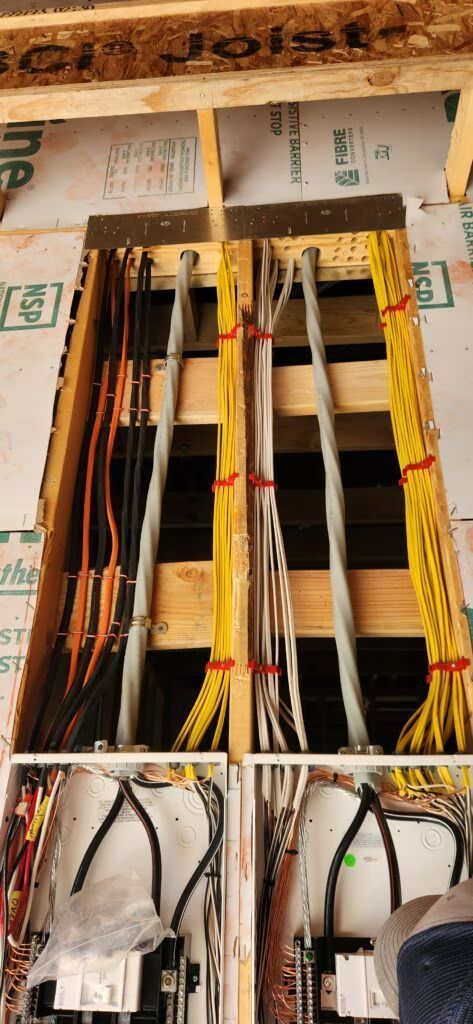 Open electrical panel with bundled wires and cable runs inside a wall cavity.
