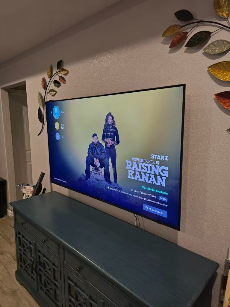 TV showing “Raising Kanan” on a teal console in a living room, with decorative leaf wall art beside it