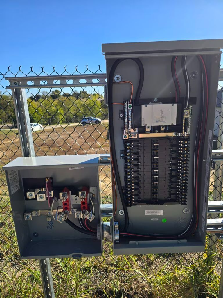 Open electrical service panel and meter box outdoors beside a chain-link fence.