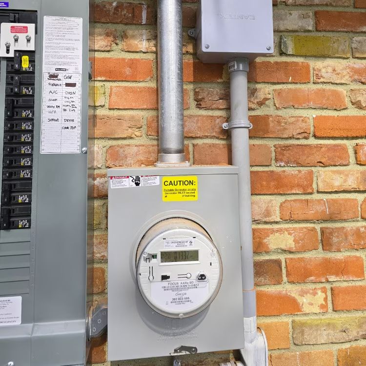 Electric meter and breaker panel mounted on a brick exterior wall with metal conduit.
