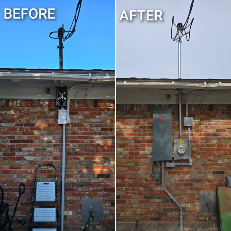 Before-and-after of a brick house wall with utility meters, cables, and a roof antenna moved higher.