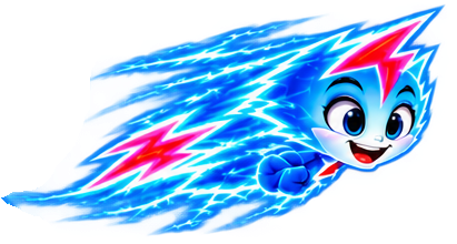Smiling blue cartoon hedgehog dashing with lightning trails and a red-and-blue streaked quiff