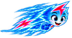 Smiling blue cartoon hedgehog dashing with lightning trails and a red-and-blue streaked quiff