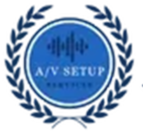 Blue circular logo with laurel wreath and text “A/V SETUP SERVICES” in the center