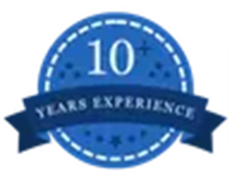 Blue badge emblem reading “10 years experience” with a ribbon and dotted border
