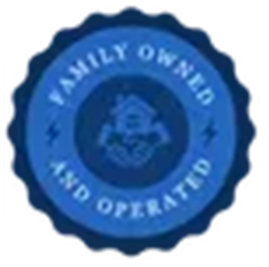 Blue circular “Family Owned and Operated” seal logo with scalloped edge
