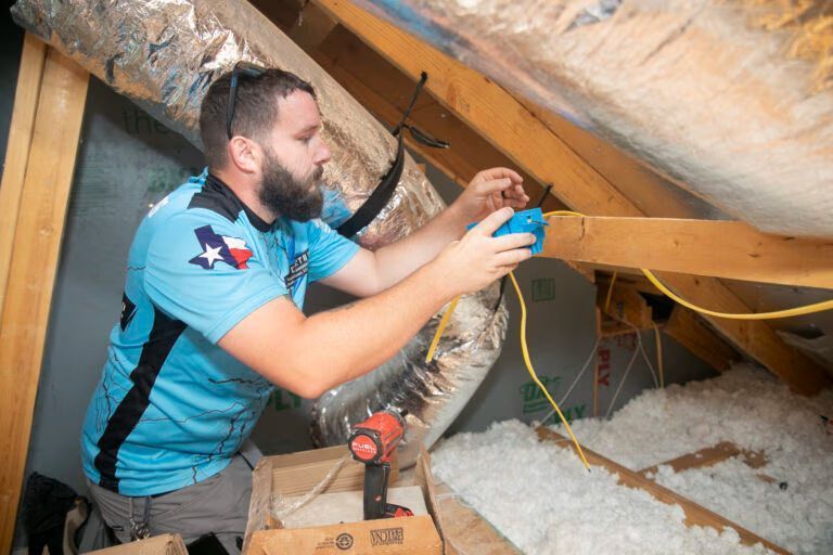 Technician in blue shirt insulating attic ductwork under sloped roof