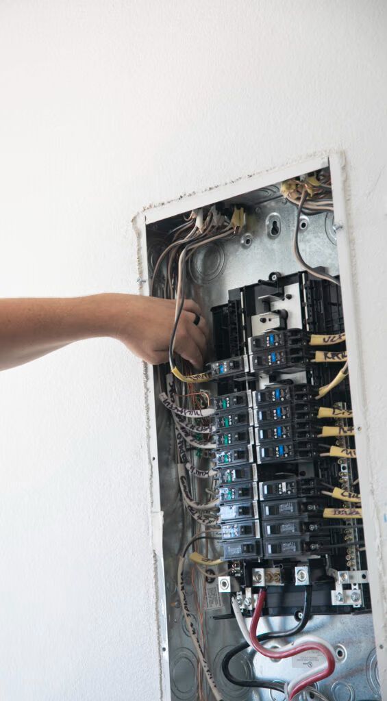 Person’s hand reaching into an open electrical breaker panel with exposed wiring.