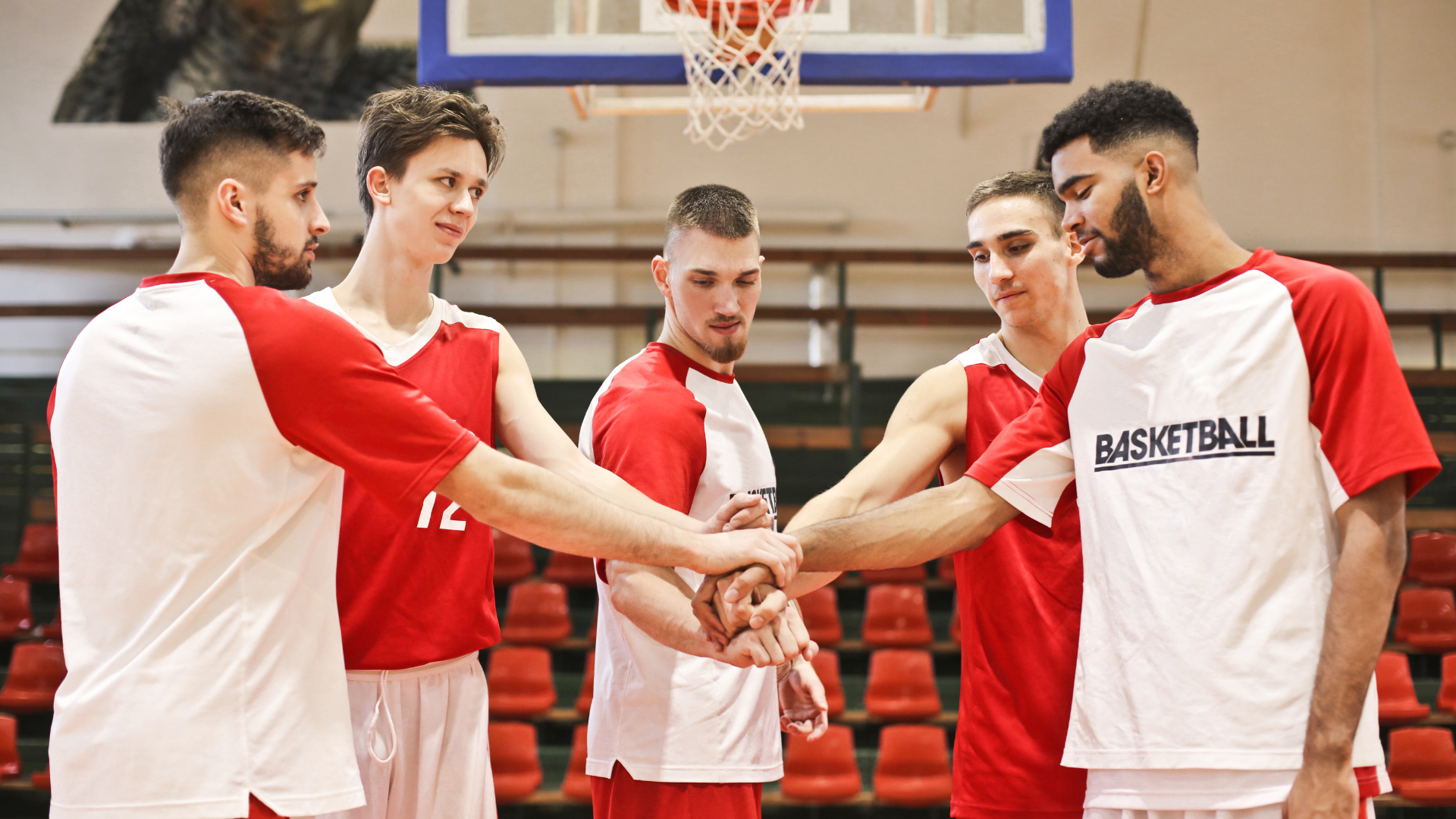 A group of basketball players are huddled together on a court.