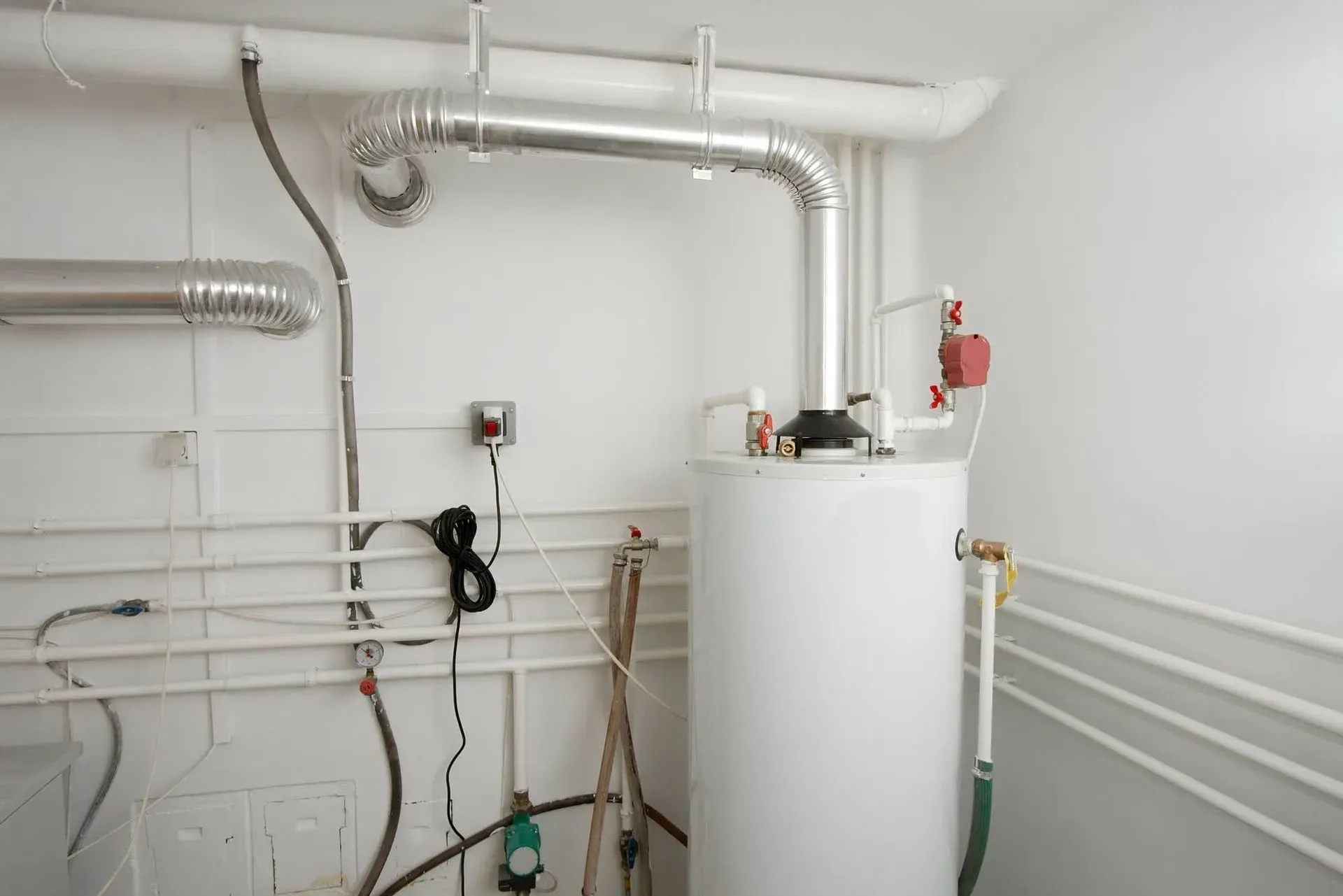 White boiler room with silver pipes, a large white tank, and wall-mounted controls.