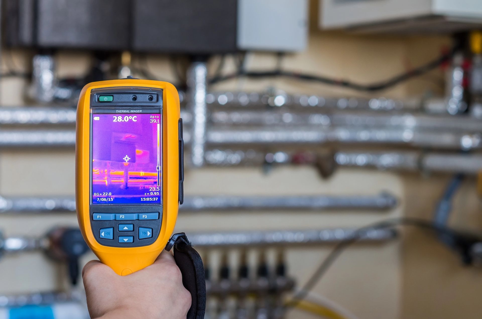 Handheld thermal camera aimed at exposed pipes in a basement, showing heat patterns on the screen