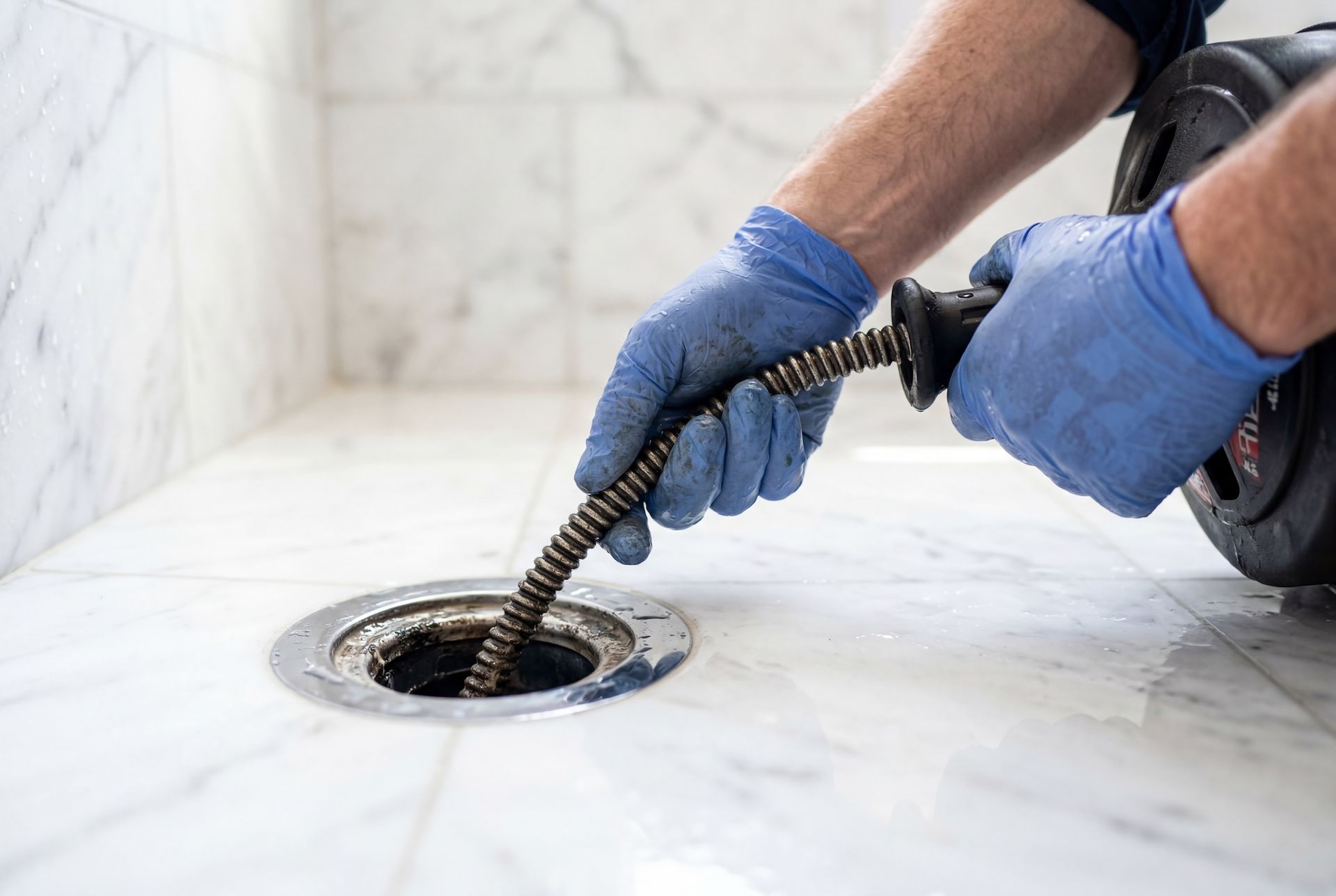 Gloved hands using a drain snake to unclog a bathroom drain on a white marble floor