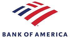 The bank of america logo is red , white and blue.