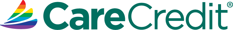 The logo for carecredit has a rainbow colored sailboat on it