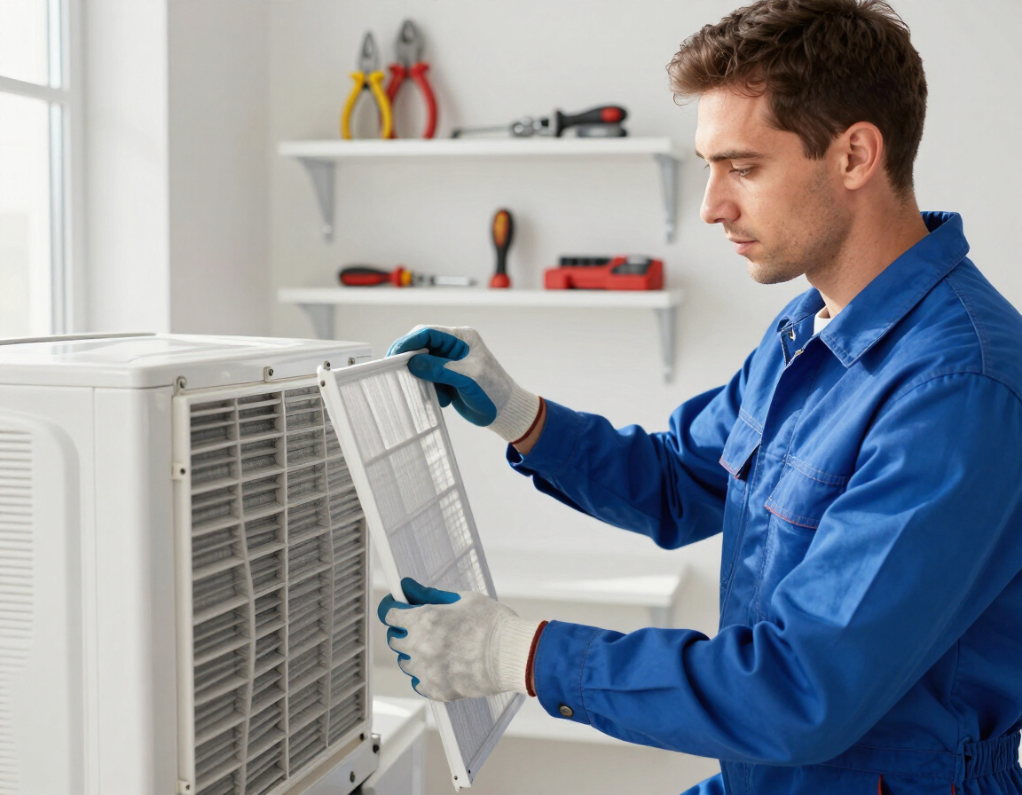 Photorealistic HVAC maintenance technician replacing an air filter in a clean residential utility room