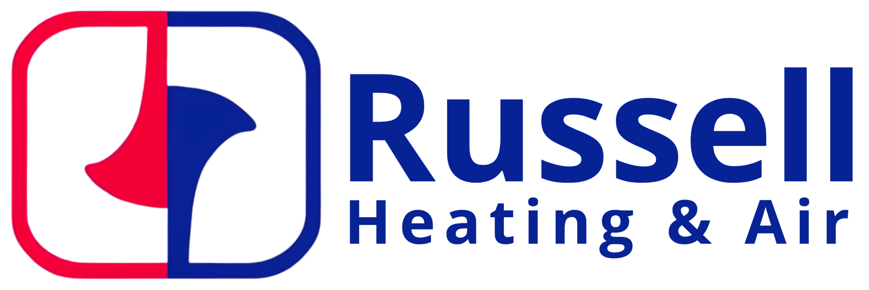 Russell Heating & Air logo in red and blue with stylized house icon