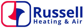 Russell Heating & Air logo in red and blue with stylized house icon