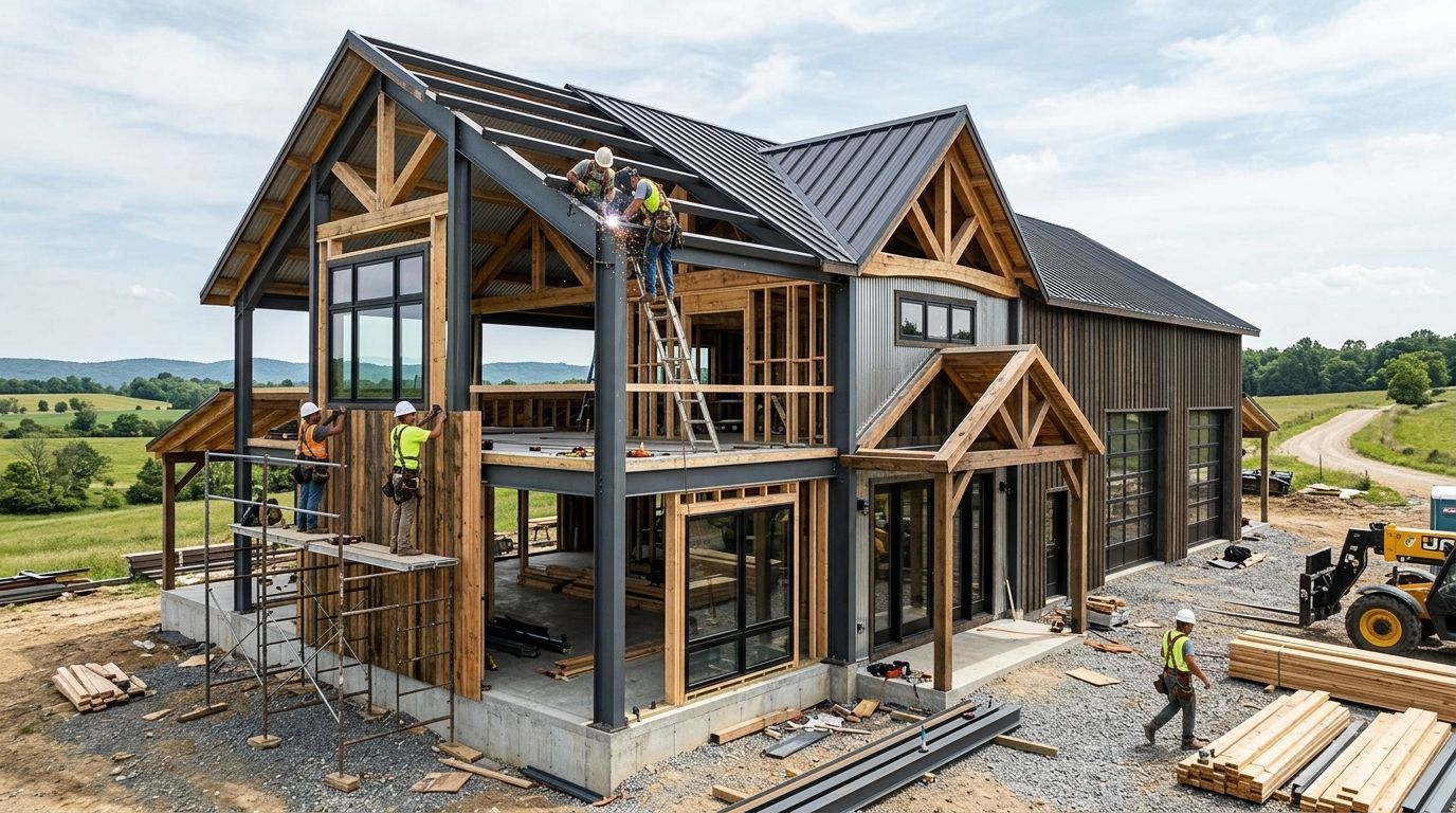 Partially built modern house with exposed timber framing at a rural construction site