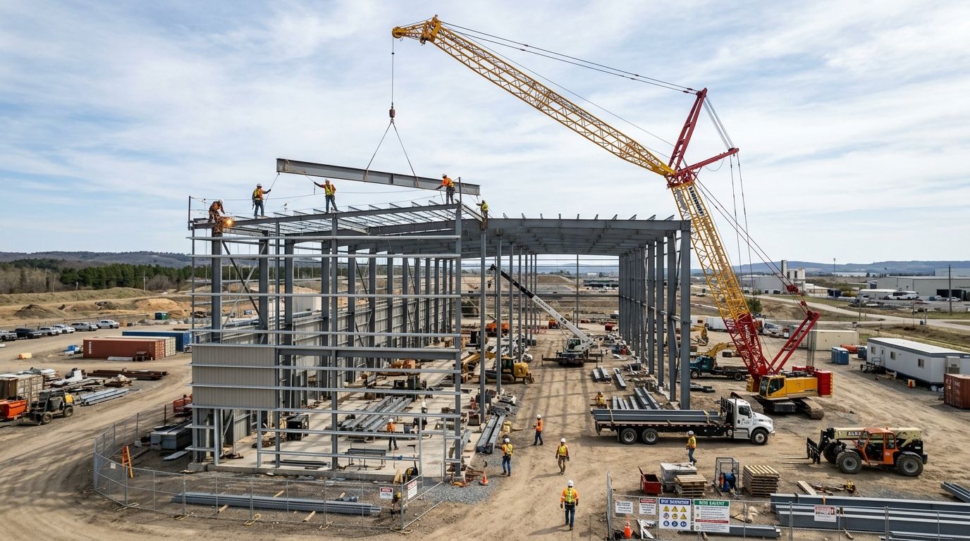 Construction site with steel frame building and two cranes under a cloudy sky