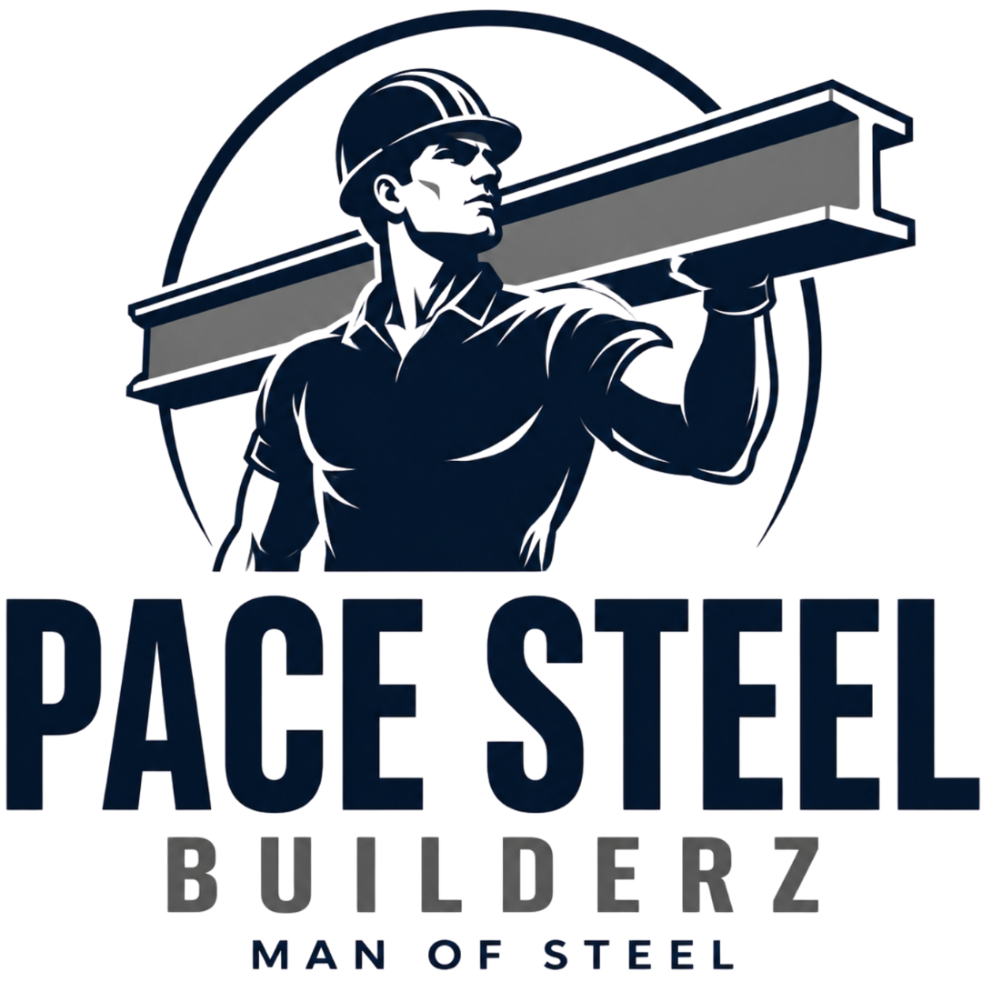 Pace Steel logo with a muscular worker carrying steel beams, in black, white, and gray