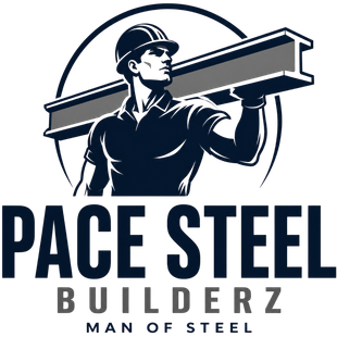 Pace Steel logo with a muscular worker carrying steel beams, in black, white, and gray