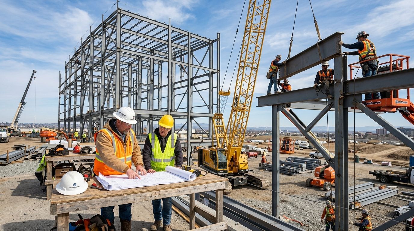 Construction workers reviewing plans at a steel building site with cranes and framed structure in the background