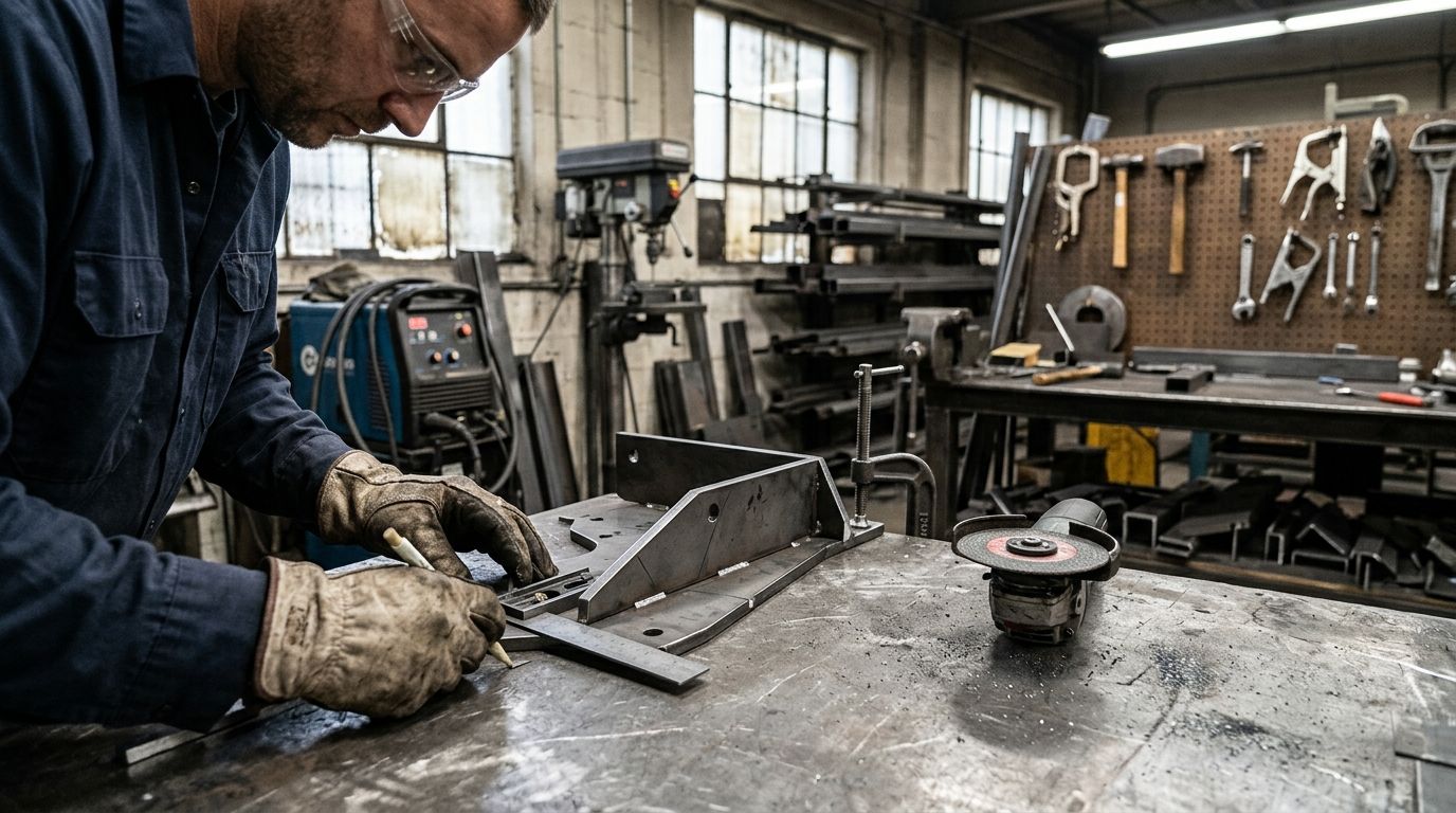 Mechanic in a workshop using hand tools at a cluttered metal workbench